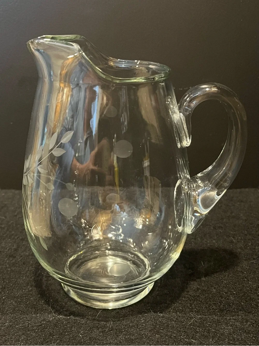 Vintage Clear Glass Pitcher with Delicate Etched Floral and Leaf Motif 4.5 Cup